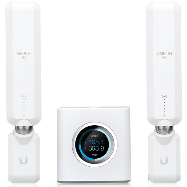 Ubiquiti AmpliFi Mesh WiFi System AFI-HD-EU 6,000 ft² coverage, 150+ devices, WiFi 5, (2) AmpliFi MeshPoints, Router with (4) GbE LAN and (4) GbE WAN port, Router with 1.6'' LCM touchscreen