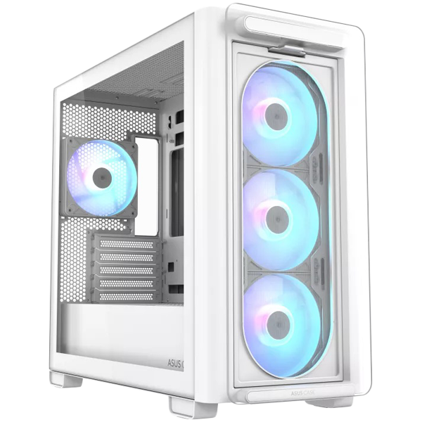 ASUS A23 PLUS microATX računalniško ohišje, kaljeno steklo, štirje 120mm ARGB ventilatorji, podpora za BTF osnovne plošče, belo
