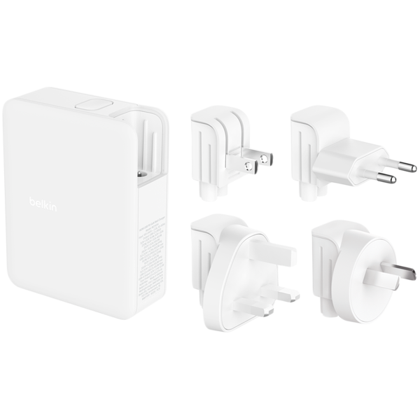 BELKIN 140w 4-ports USB GaN Wall Charger with UK, EU, US plug tips, White