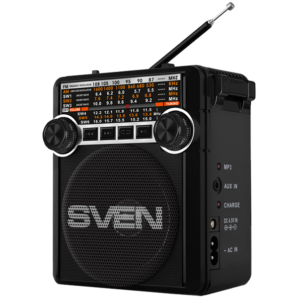 Speaker SVEN SRP-355, black (3W, FM/AM/SW, USB, SD/microSD, flashlight, battery)