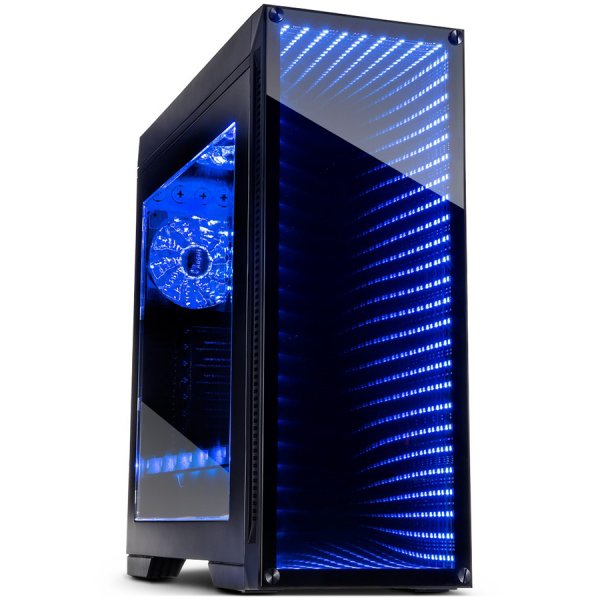 Chassis INTER-TECH M-908 Gaming Midi Tower, eATX, 2xUSB3.0, 2xUSB2.0, audio, PSU optional,  Window side panel, Tempered glass front with RGB Infinity-Mirror, 3x 120mm RGB fans, RGB LED strip, Dust filters, Black
