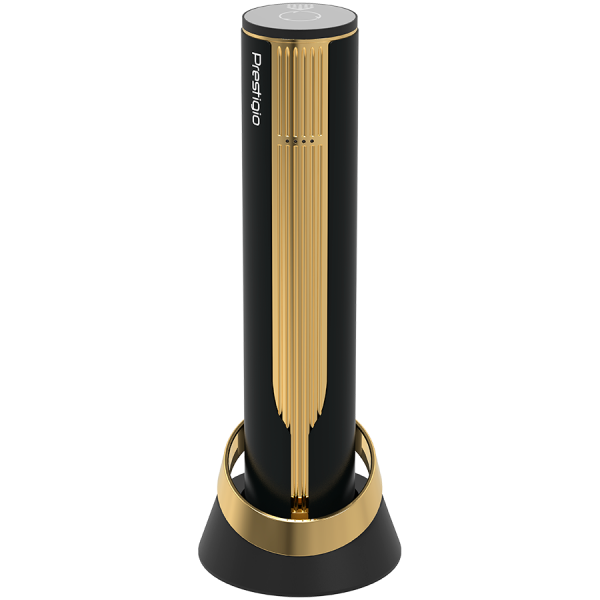 Prestigio Maggiore, smart wine opener, 100% automatic, opens up to 70 bottles without recharging, foil cutter included, premium design, 480mAh battery, Dimensions D 48*H228mm, black + gold color.