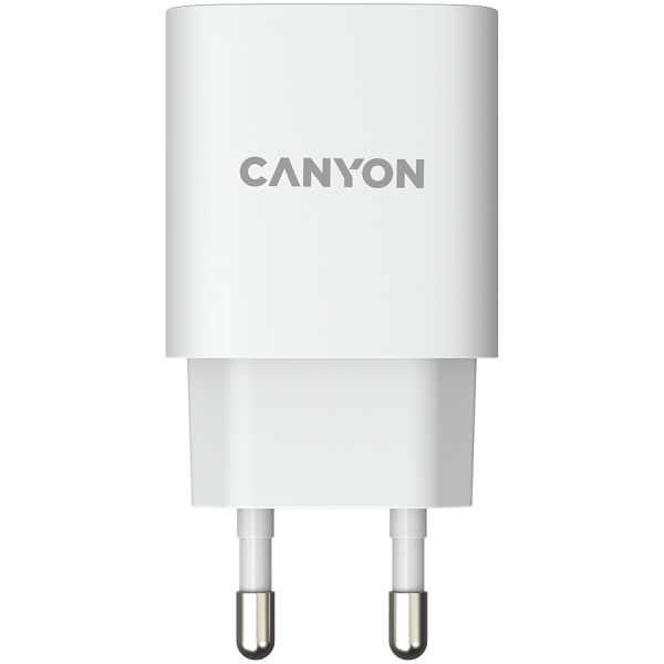 CANYON H-20-04, PD 20W/QC3.0 18W WALL Charger with 1-USB A+ 1-USB-C   Input: 100V-240V, Output: 1 port charge: USB-C:PD 20W (5V3A/9V2.22A/12V1.67A) , USB-A:QC3.0 18W (5V3A/9V2.0A/12V1.5A), 2 port charge: common charge,  total 5V, 3A, Eu plug  , Over- Voltage