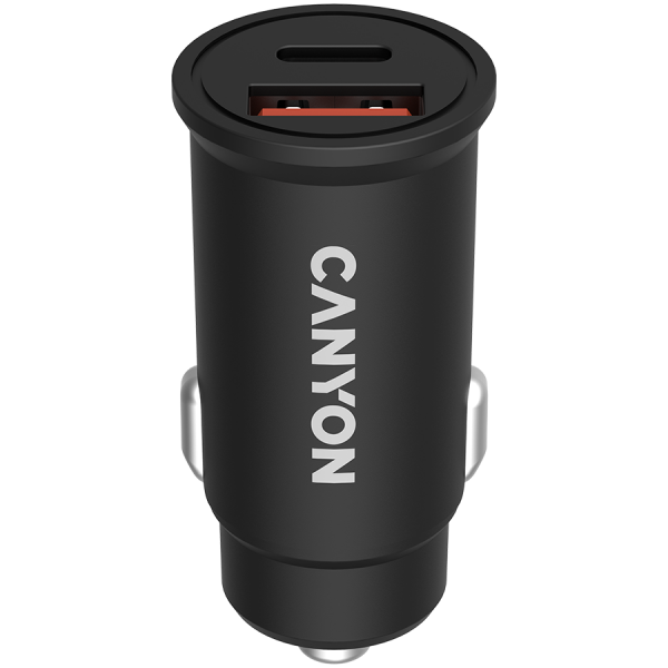 CANYON C-20B03, PD 30W/QC3.0 18W Pocket size car charger with 1-USB A+ 1-USB-C Input: DC12V-24V, Output: USBC: PD30W( 5V3A/9V3A/12V2.5A/15V2A/20V1.5A),USB-A:QC3.0 18W (5V3A
