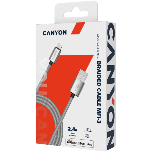CANYON Charge & Sync MFI braided cable with metalic shell, USB to lightning, certified by Apple, 1m, 0.28mm, Dark gray