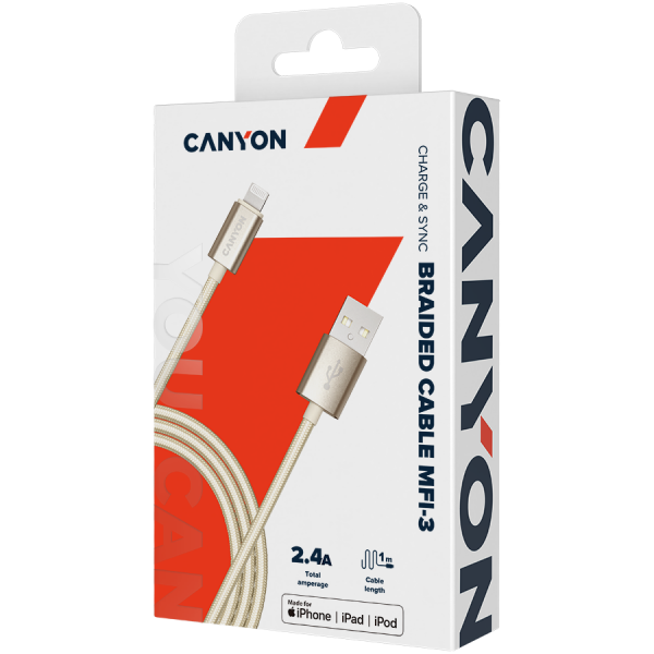 CANYON Charge & Sync MFI braided cable with metalic shell, USB to lightning, certified by Apple, 1m, 0.28mm, Golden