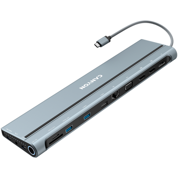CANYON DS-90, 14 in 1 hub, with Type C female *2,Type C male *1:max 10Gbps,USBA*3:max 10Gbps,DP*1，VGA*1,SD card slot*1,TF card slot*1,Audio 3.5 audio*1,HDMI*2,RJ45*1,cable length 0.20m,Aluminum alloy housing,76*22.5*301mm,Dark grey