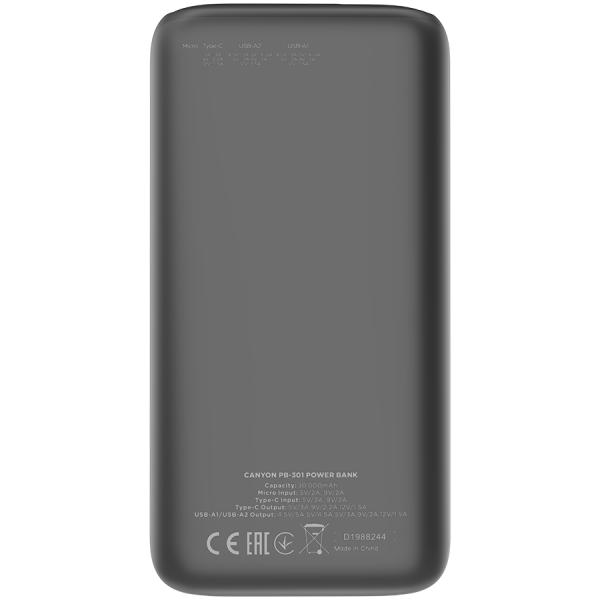CANYON power bank PB-301 LED 30000 mAh PD 20W QC 3.0 Black