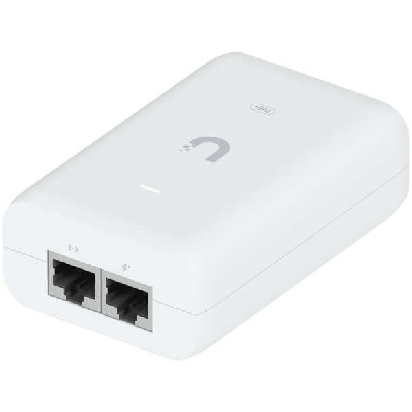 UBIQUITI PoE+ Adapter; Delivers up to 30W of PoE+; Additional power drives devices such as U6 LR, U6 Enterprise, Camera DSLR, and other PoE+ devices; Surge, peak pulse, and overcurrent protection; Contains RJ45 data input, AC cable with earth ground, and PoE+ output; LED indicator for status monitoring.