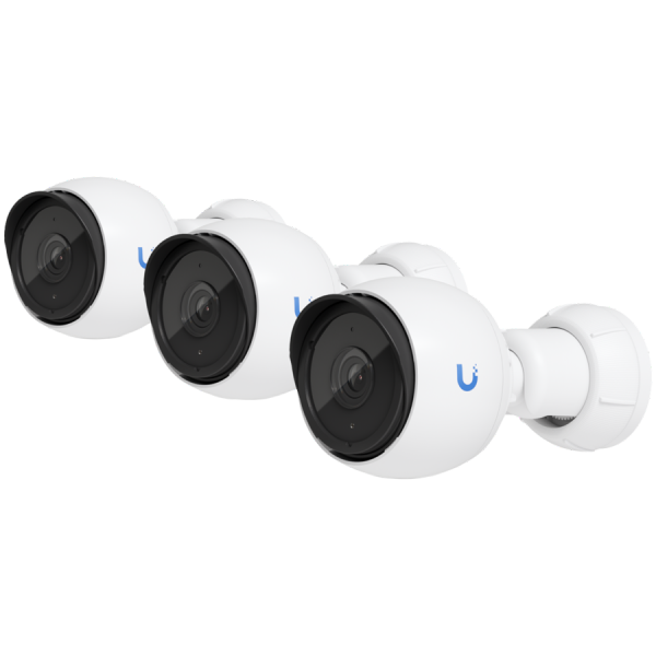 UBIQUITI G4 Bullet 3-pack;  2K (4MP) video resolution; Flexible 3-axis adjust mount; 9 m (30 ft) IR night vision; AI event detections; Record audio with an integrated microphone; Connect and power using PoE; Ruggedized metal enclosure; Weatherproof (outdoor exposed).