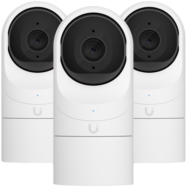 UBIQUITI G3 Flex 3-pack; FHD (2MP) video resolution; Versatile table or ceiling mounting; 6 m (20 ft) IR night vision; Connect and power using PoE; Record audio with an integrated microphone; Weather-resistant (outdoor covered).