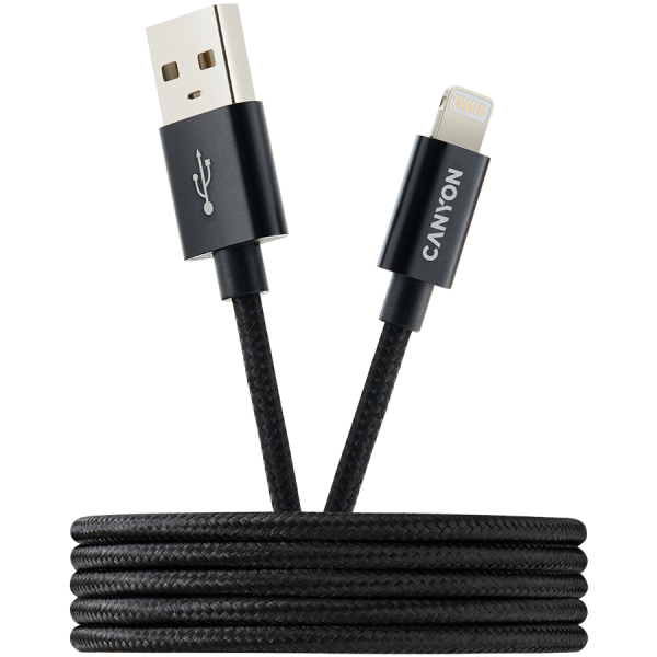 CANYON CFI-3, Lightning USB Cable for Apple, braided, metallic shell, cable length 1m, Black, 14.9*6.8*1000mm, 0.02kg