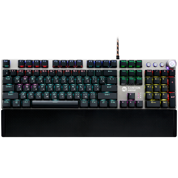 CANYON Nightfall GK-7, Wired Gaming Keyboard,Black 104 mechanical switches,60 million times key life, 22 types of lights,Removable magnetic wrist rest,4 Multifunctional control knobs,Trigger actuation 1.5mm,1.6m Braided cable,RU layout,dark grey, size:435*125*37.47mm, 840g