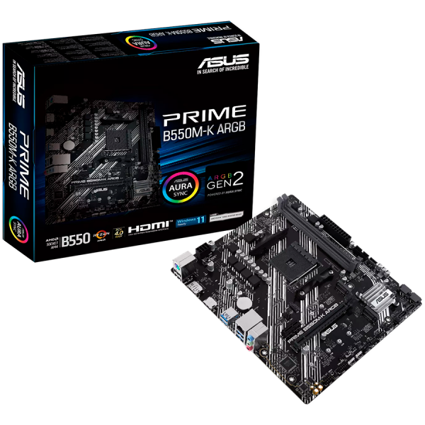 ASUS PRIME B550M-K ARGB AM4 mATX MB - AMD B550 2xDIMM DDR4 2xM.2 4xSATA PCIe 4.0 1Gb Ethernet 1xDisplayPort 1xHDMI with Aura Sync