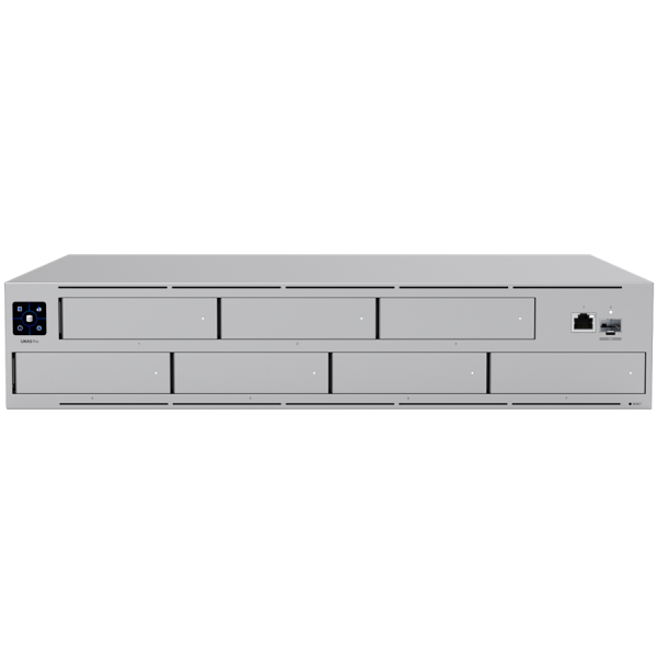 Ubiquiti UNAS-Pro-EU 2U rack-mount NAS with (7) 2.5/3.5" drive bays and 10 Gbps performance designed for large-scale file storage and sharing, (7) 2.5/3.5" HDD / SSD support, 10G SFP+ uplink and (1) GbE RJ45 port
