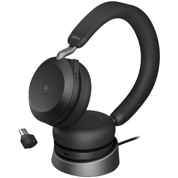JABRA EVOLVE2 75, Link380c MS Stereo Stand Black, EVOLVE2 75 headset Black MS, Link 380 BT adapter USB-C MS, EVOLVE2 75 Deskstand USB-A,1.2m USB-C to USB-C cable, carry pouch, warranty and warning (safety leaflets)