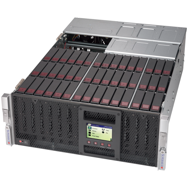 Supermicro storage chassis CSE-946LE1C-R1K66JBOD, 45 x 3.5" Top Loading SAS/SATA 12Gb/s Hot Swapping HDD/SSD Bays, 4 x Mini-SAS HD ports, IPMI , 1600W (1+1) RPSU, SAS HBA / controller, 5x 80mm rear hot-swap exhaust PWM fan(s)