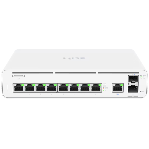 Ubiquiti UISP UISP-CONSOLE-EU 9x GbE RJ45 ports, 2x 10G SFP+ ports, Up to 8,500 Mbps NAT throughput, Additional Power TransPort input for DC redundancy, 1U rack or wall-mountable (kits included)