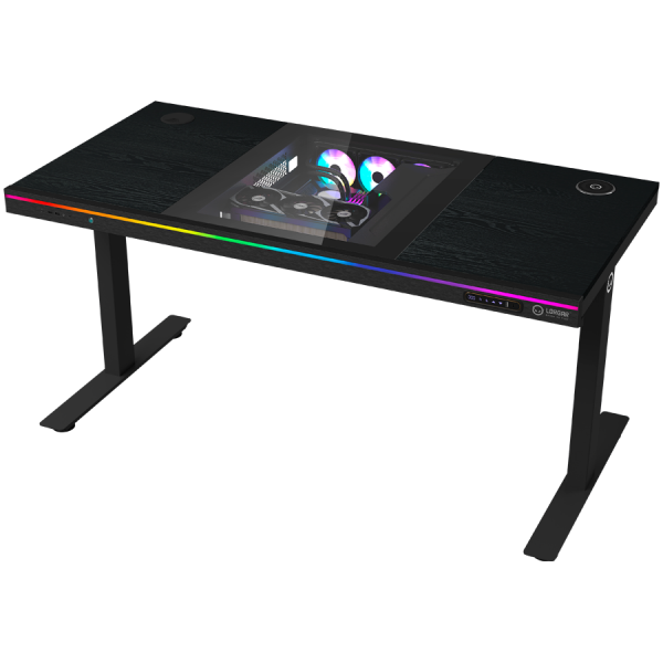 Dual-motor sit/stand adjustable-height gaming desk with built-in PC case, wireless charger, RGB lighting, control panel, and USB ports, PB melamine surface tabletop, black.