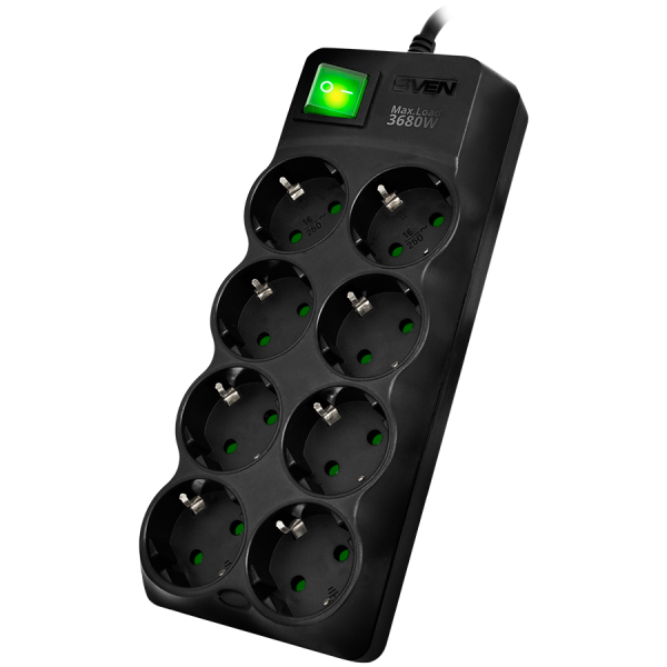 Surge Protector SVEN  SF-08E-16 1,8 m, 16A, 3.6kW, (8 sockets with children protection), black