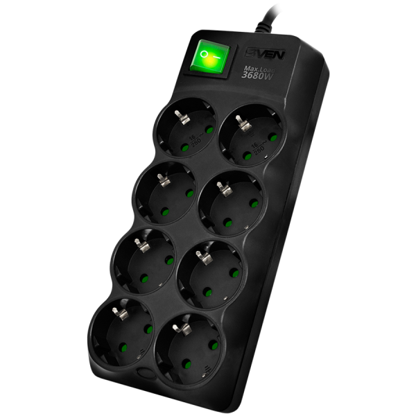 Surge Protector SVEN  SF-08E-16 3,0 m, 16A, 3.6kW, (8 sockets with children protection), black