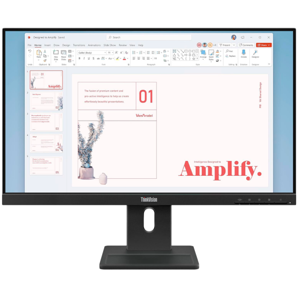 ThinkVision E24-40, 23.8" IPS, 1920x1080 FHD, 1300:1, 250 nits, 100Hz, 178 / 178, 16:9, 4/6ms, HDMI, DP, VGA, 2x 2w, Tilt, Swivel, Pivot, Height Adjust Stand, VESA, Raven Black, 3Yr