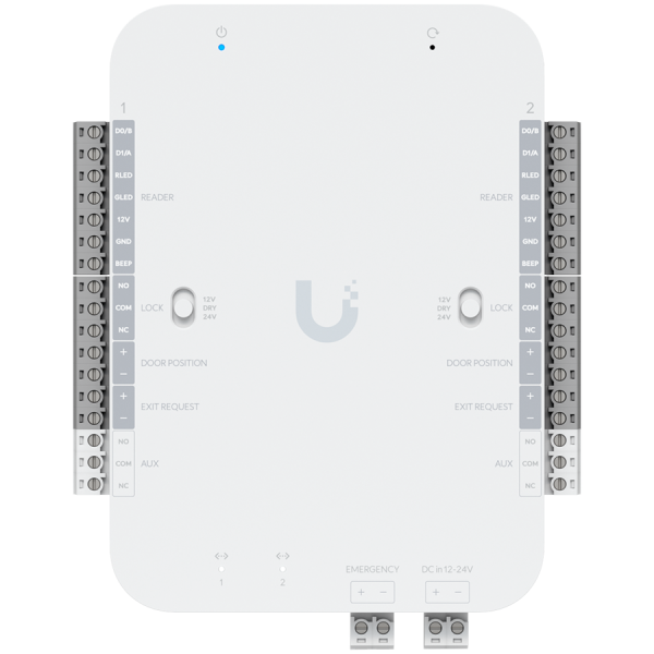 Ubiquiti UA-Retrofit-Hub-2 DC-powered hub that supports Wiegand and OSDP readers and provides entry and exit control for up to two doors