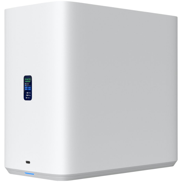 Ubiquiti UniFi UNAS-4-W-EU Network Attached Storage with (4) 2.5/3.5" HDD bays, (2) M.2 NVMe SSD cache slots, 2.5 GbE networking, USB-C connectivity, and an included PoE+++ adapter, all in a compact footprint