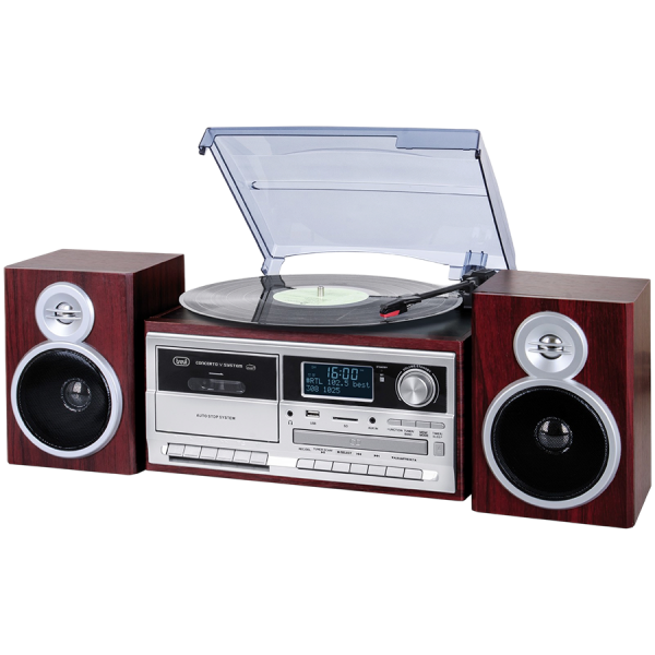 Stereo Turntable System with DAB / DAB + Digital Receiver, Three-speed turntable 33 / 45 / 78 rpm, File reader on USB / SD Card, Cassette player/recorder with hitchhiking, Wireless function, Aux-in input, Headphone jack, Wood colour