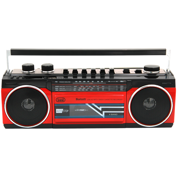 BT Radio Recorder, Cassette player/recorder with automatic recording level and autostop function, 4 band radio MW/FM/SW1-2, USB/SD inputs with playback of MP3 files, Wireless connection to listen to wireless music from Smartphone and Tablet, Red