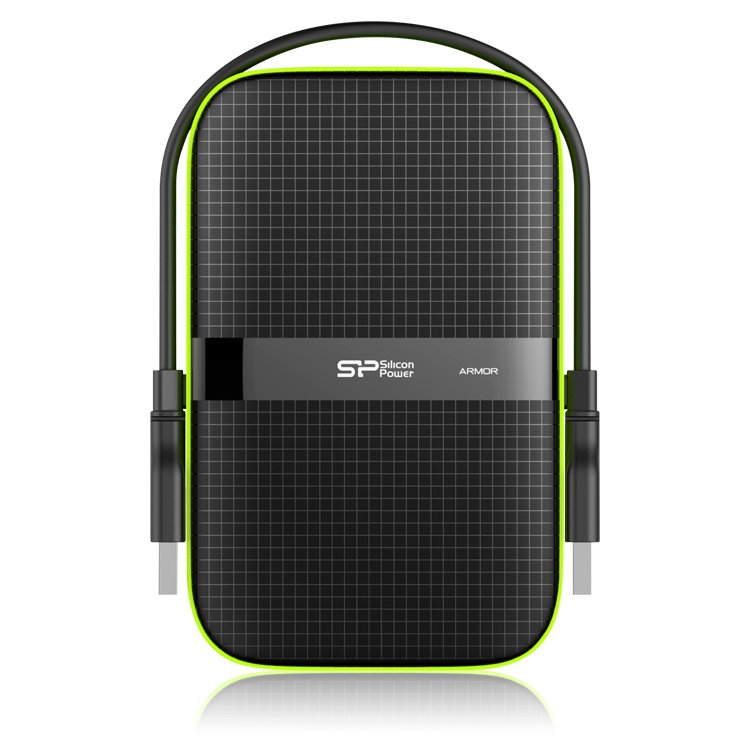 Silicon Power Armor - A60 1TB Portable HDD USB 3.2 Gen1 Black/Green, Shockproof MIL-STD 810G Method 516.6 Procedure IV, Water-resistant IPX4, LED light
