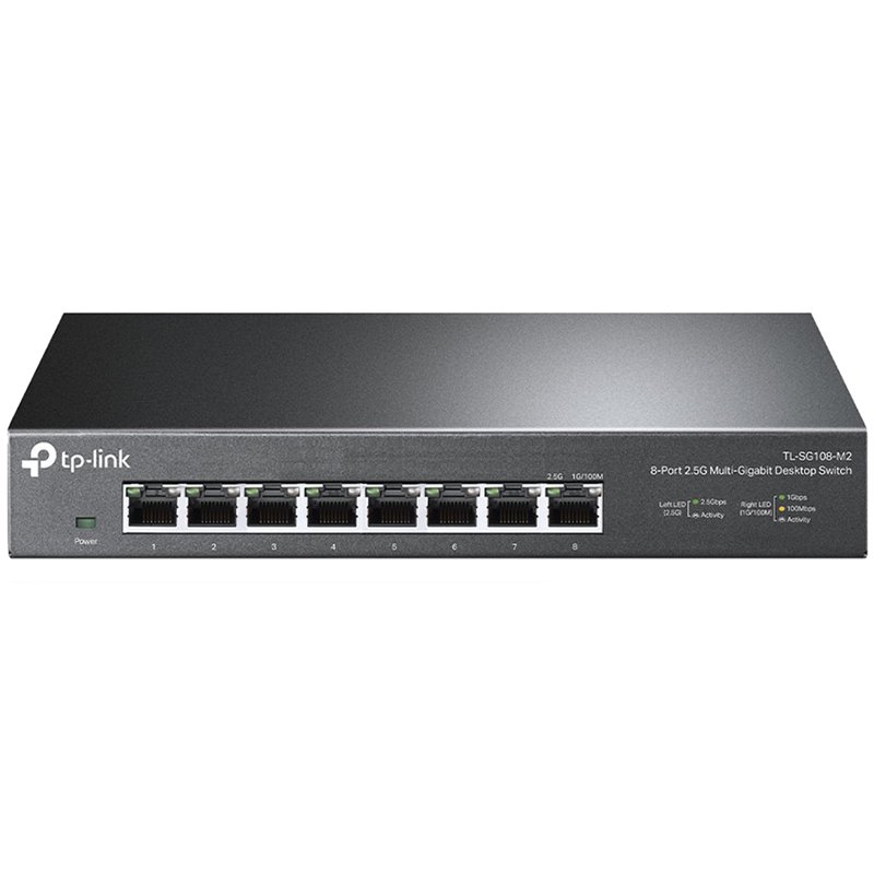 8-port Desktop 2.5G Unmanaged switch, 8 100/1G/2.5G RJ-45 ports, Fanless design, 12V/1.5A DC power supply. 