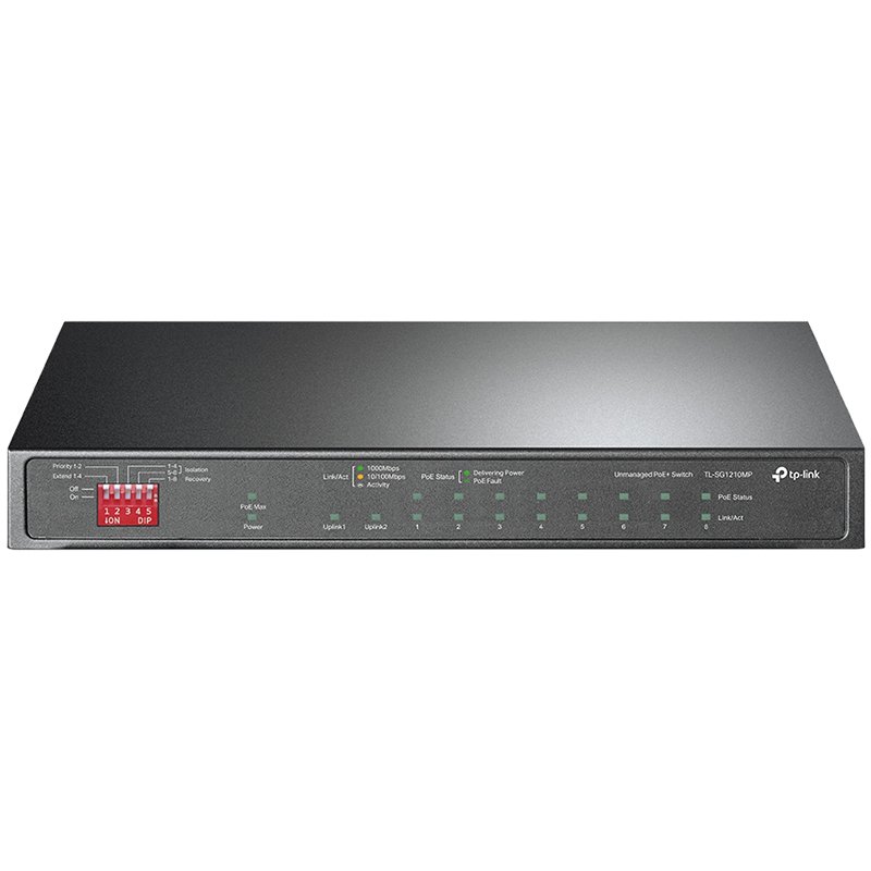 10-Port Gigabit Desktop Switch with 8-Port PoE+PORT: 8× Gigabit PoE+ Ports, 2x Gigabit Non-PoE Ports, 1× Combo Gigabit SFP SlotSPEC: 802.3at/af, 123 W PoE Power,  Desktop Steel CaseFEATURE: E