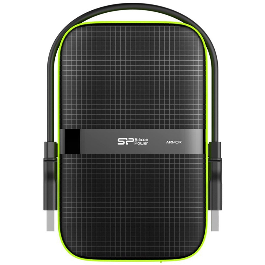 Silicon Power Armor - A60 2TB Portable HDD USB 3.2 Gen1 Black/Green, Shockproof MIL-STD 810G Method 516.6 Procedure IV, Water-resistant IPX4, LED light