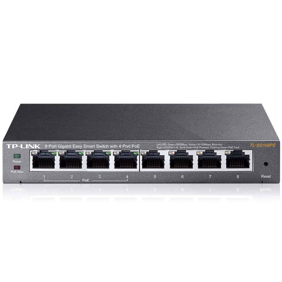 TP-Link TL-SG108PE 8-Port Gigabit Desktop PoE+ Easy Smart Switch, 8 Gigabit RJ45 ports including 4 PoE+ ports, 64W PoE Power supply, MTU/Port/Tag-based VLAN, QoS, IGMP Snooping, PoE Auto Reco