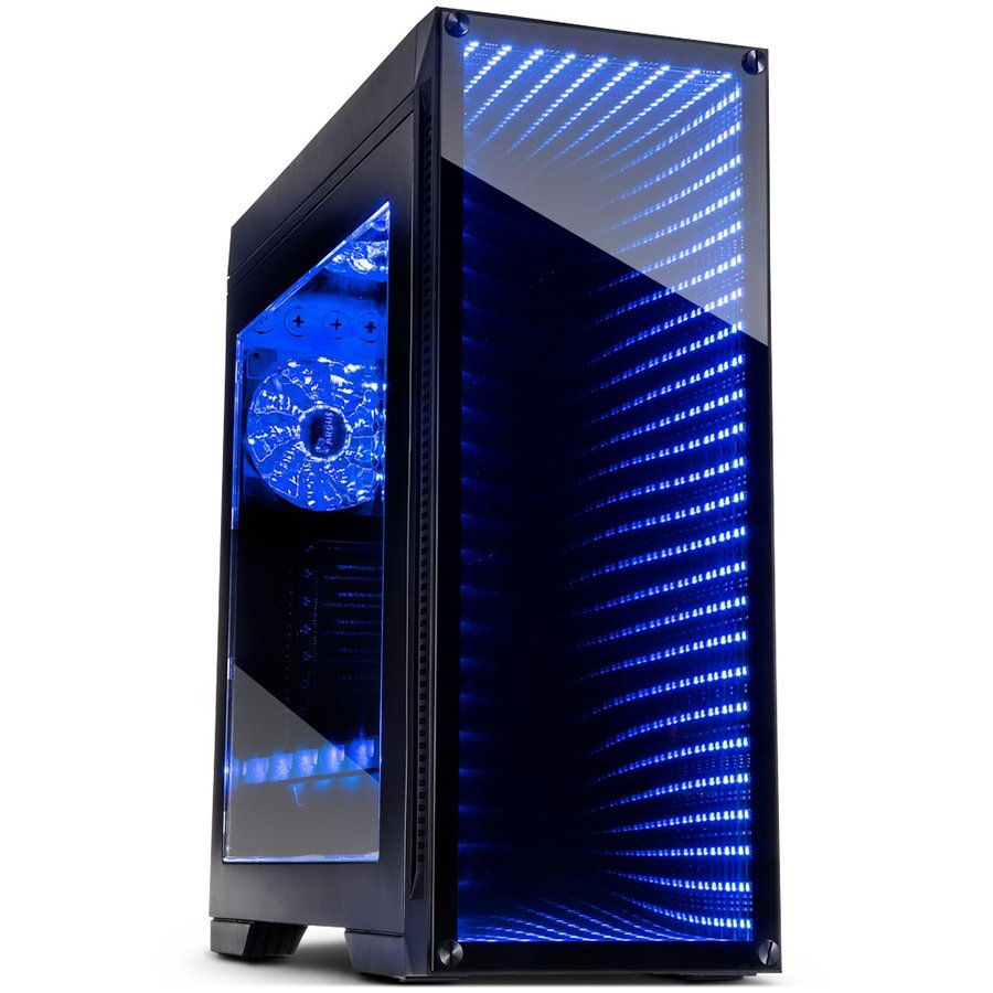 Chassis INTER-TECH M-908 Gaming Midi Tower, eATX, 2xUSB3.0, 2xUSB2.0, audio, PSU optional,  Window side panel, Tempered glass front with RGB Infinity-Mirror, 3x 120mm RGB fans, RGB LED strip, Dust filters, Black
