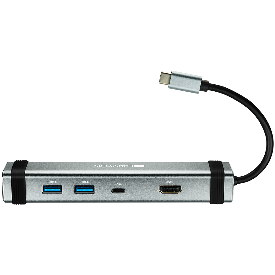 CANYON Multiport Docking Station with 4 ports: 1*Type-C male + 1*Type-C female + 2*USB 3.0 + 1*HDMI. Input: 100-240V. Output: USB-C PD 5-20V/3A AND USB-A 5V/1A. Cable length: 0.12m. Color: Space Gre