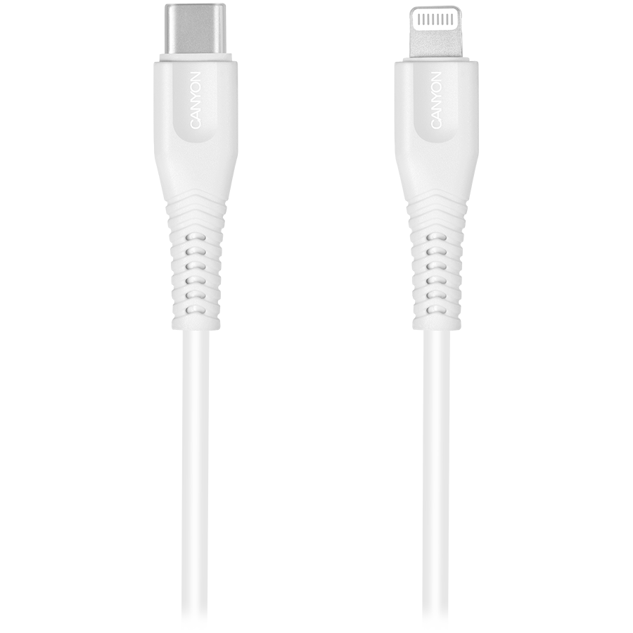 CANYON MFI-4, kabel Type C do MFI Lightning za Apple, PVC ohišje, funkcija: s polno funkcionalnostjo (prenos podatkov in PD polnjenje), izhod: 5V/2,4A, premer: 3,5 mm, dolžina kabla 1,2m, 0,026 kg, barva: bela.