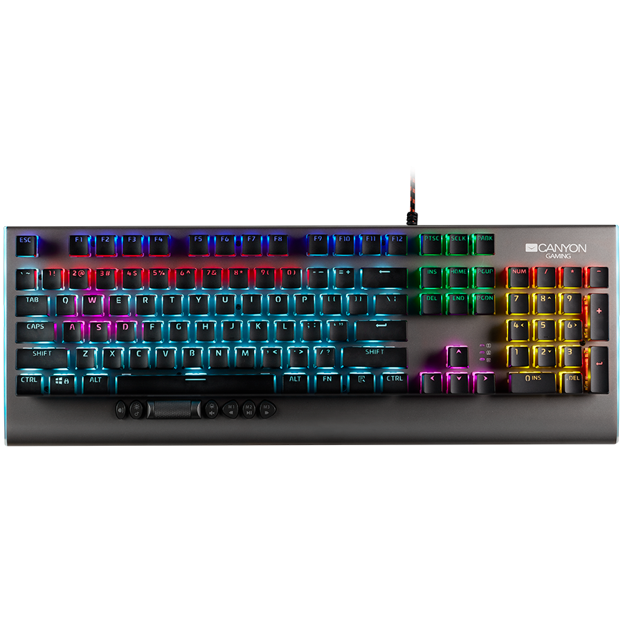 CANYON Interceptor GK-8, Wired multimedia gaming keyboard with lighting effect, 20pcs rainbow LED & 19pcs RGB light, Numbers 104keys, EN double injection layout, cable length 1.8M, 446*160*40mm, 0.98kg, color Dark grey