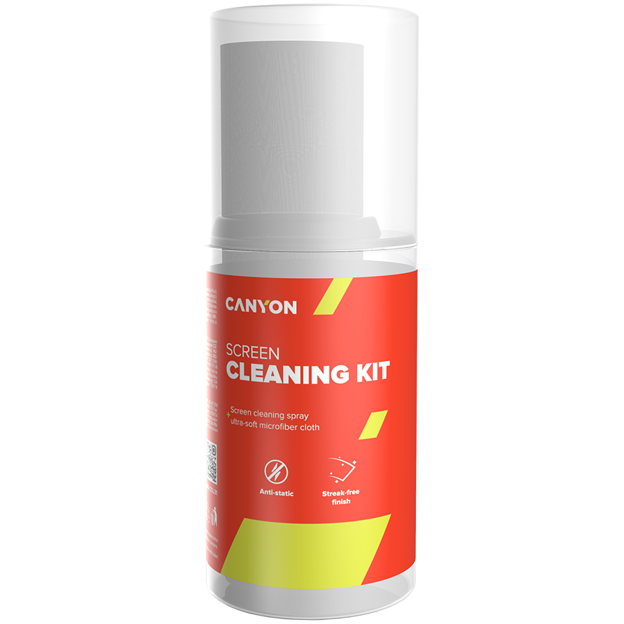CANYON CCL31, Cleaning Kit, Screen Cleaning Spray + microfiberSpray for screens and monitors, complete with microfiber cloth. Shrink wrap, 200ml + 18x18 cm microfiber,  55x55x145mm 0.208kg
