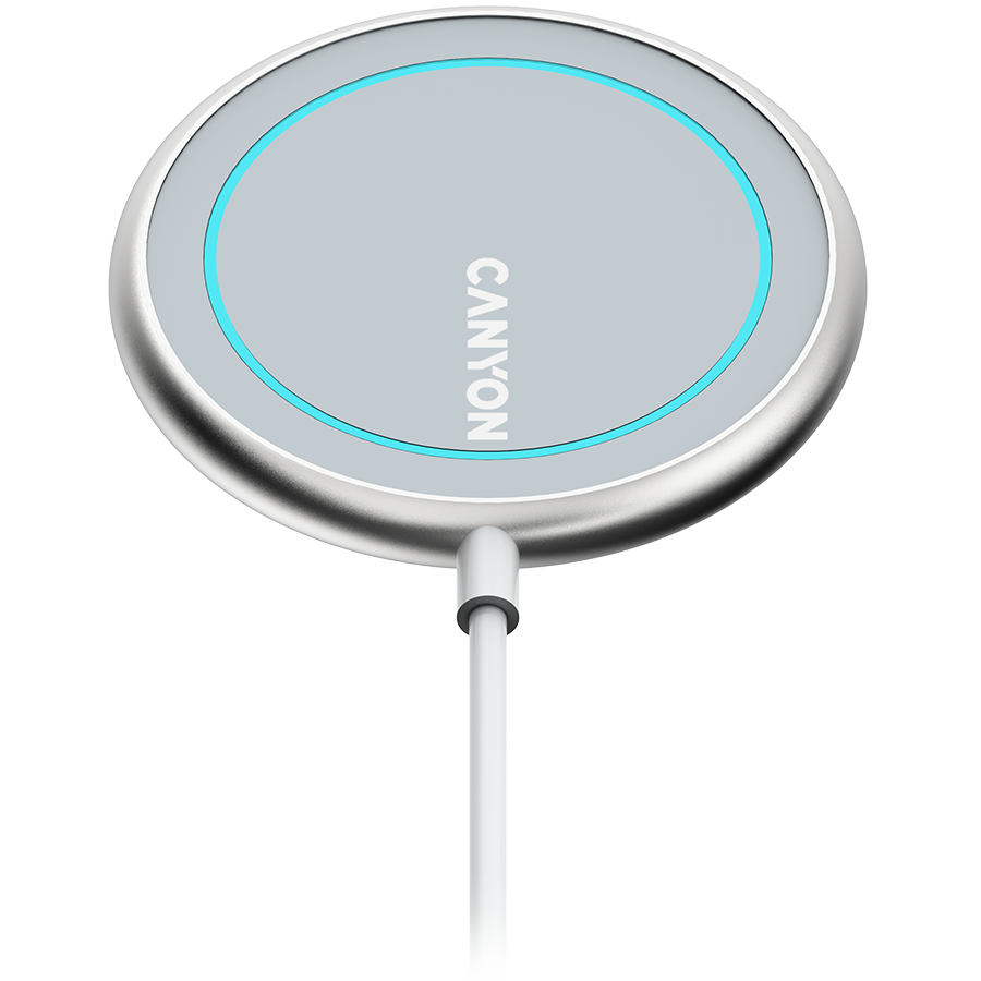 CANYON WS-100 Wireless charger, Input 9V/2A, 9V/2.7A, 12V/2A, Output 15W/10W/7.5W/5W, Type c cable length 1.5m, Acrylic surface+Aluminium alloy edge, 59*59*7mm, 0.06Kg, Silver