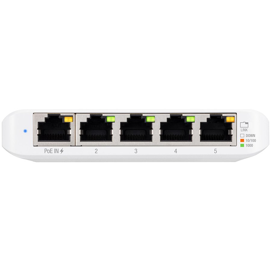 Ubiquiti USW-Flex-Mini-5 5-Port managed Gigabit Ethernet switch powered by 802.3af/at PoE or 5V, 1A USB-C power adapter