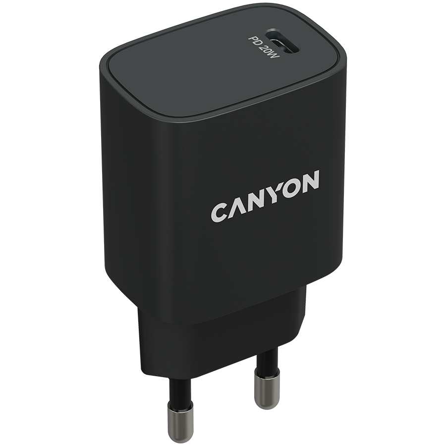 CANYON H-20, PD 20W Input: 100V-240V, Output: 1 port charge: USB-C:PD 20W (5V3A/9V2.22A/12V1.67A) , Eu plug, Over- Voltage ,  over-heated, over-current and short circuit protection Compliant with CE RoHs,ERP. Size: 80*42.3*30mm, 55g, Black
