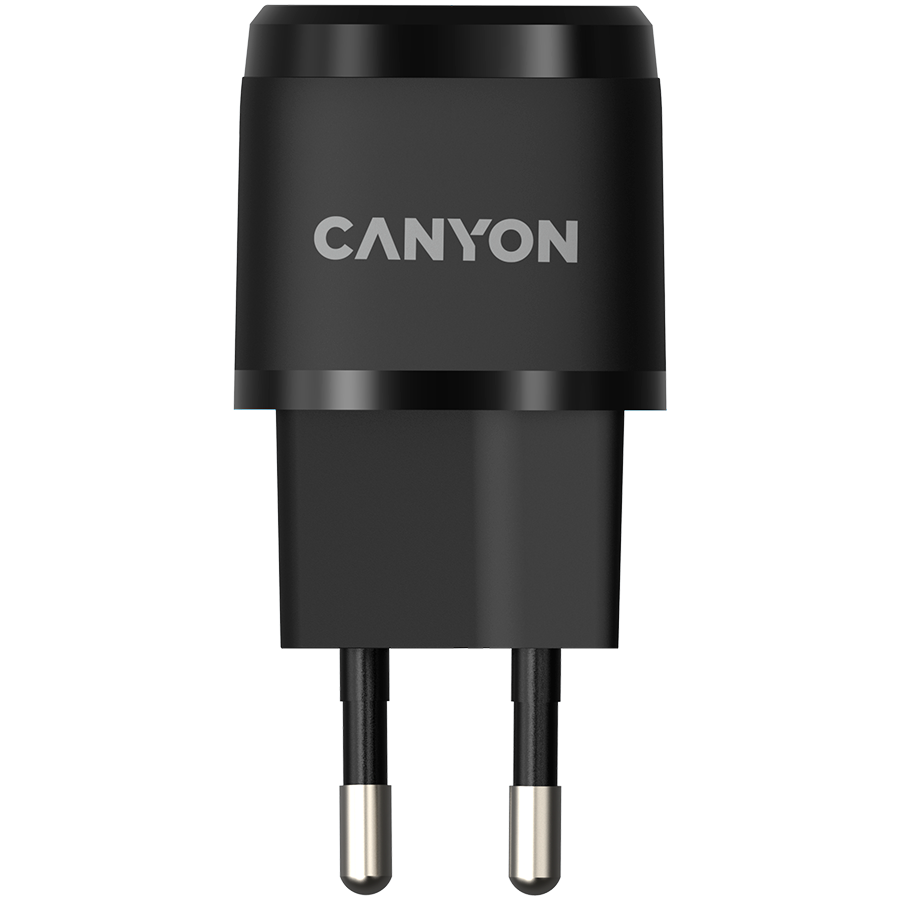 CANYON H-20-05, PD 20W Input: 100V-240V, Output: 1 port charge: USB-C:PD 20W (5V3A/9V2.22A/12V1.66A) , Eu plug, Over- Voltage ,  over-heated, over-current and short circuit protection Compliant with CE RoHs,ERP. Size: 68.5*29.2*29.4mm, 32.5g, Black