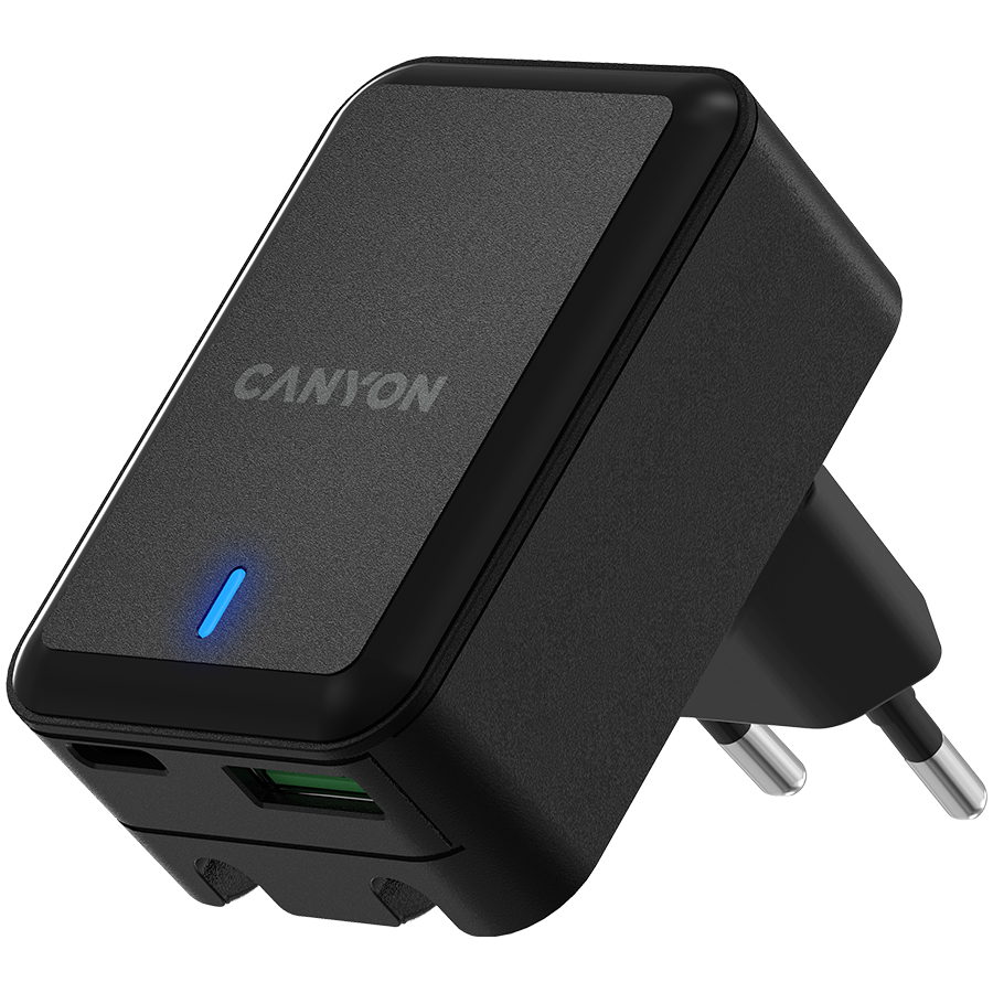 CANYON H-20Т, PD 20W/QC3.0 18W WALL Charger with 1-USB A+ 1-USB-C   Input: 100V-240V, Output: 1 port charge: USB-C:PD 20W (5V3A/9V2.22A/12V1.67A) , USB-A:QC3.0 18W (5V3A/9V2.0A/12V1.5A), 2 port charge: common charge,  total 5V, 3.4A, folding Eu plug  , Ove