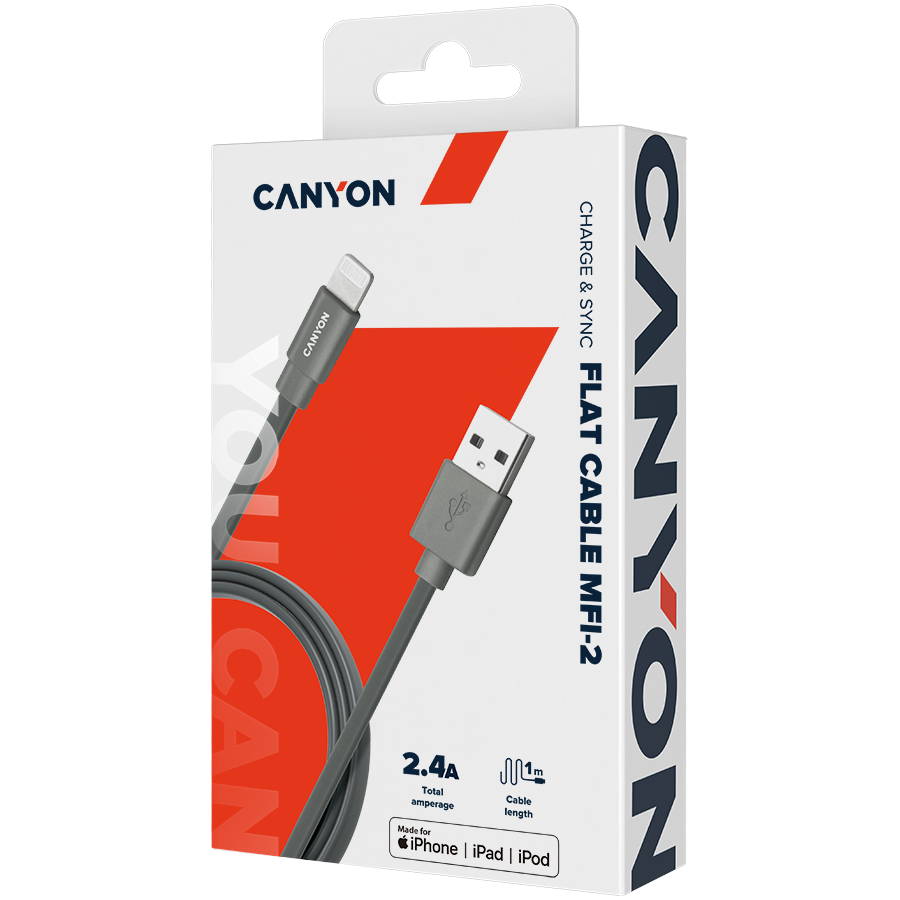 CANYON Charge & Sync MFI flat cable, USB to lightning, certified by Apple, 1m, 0.28mm, Dark gray