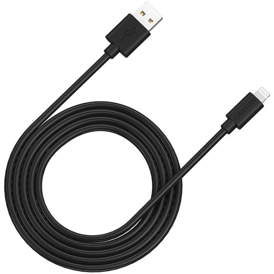 CANYON MFI-12, Lightning USB kabel za Apple (C48), okrogel, PVC, 2 m, premer: 4,0 mm, žica za napajanje in signal: 21AWG2C 28AWG2C, hitrost prenosa podatkov: 26 MB/s, črn. Z zaščito, s CANYON logotipom in CANYON embalažo. Certifikati: ROHS, MFI.