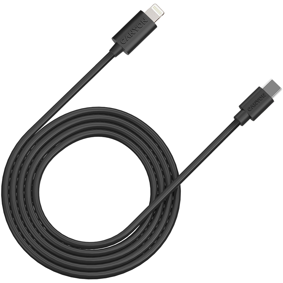 CANYON СFI-12, cable Type C to lightning ,5V3A, 9V2.22A ,PD20W, power cord:18AWG*4C, Signal cord:28AWG*4C, data transfer speed:30M/s, OD4.5MM,2M, PVC, black, Rohs