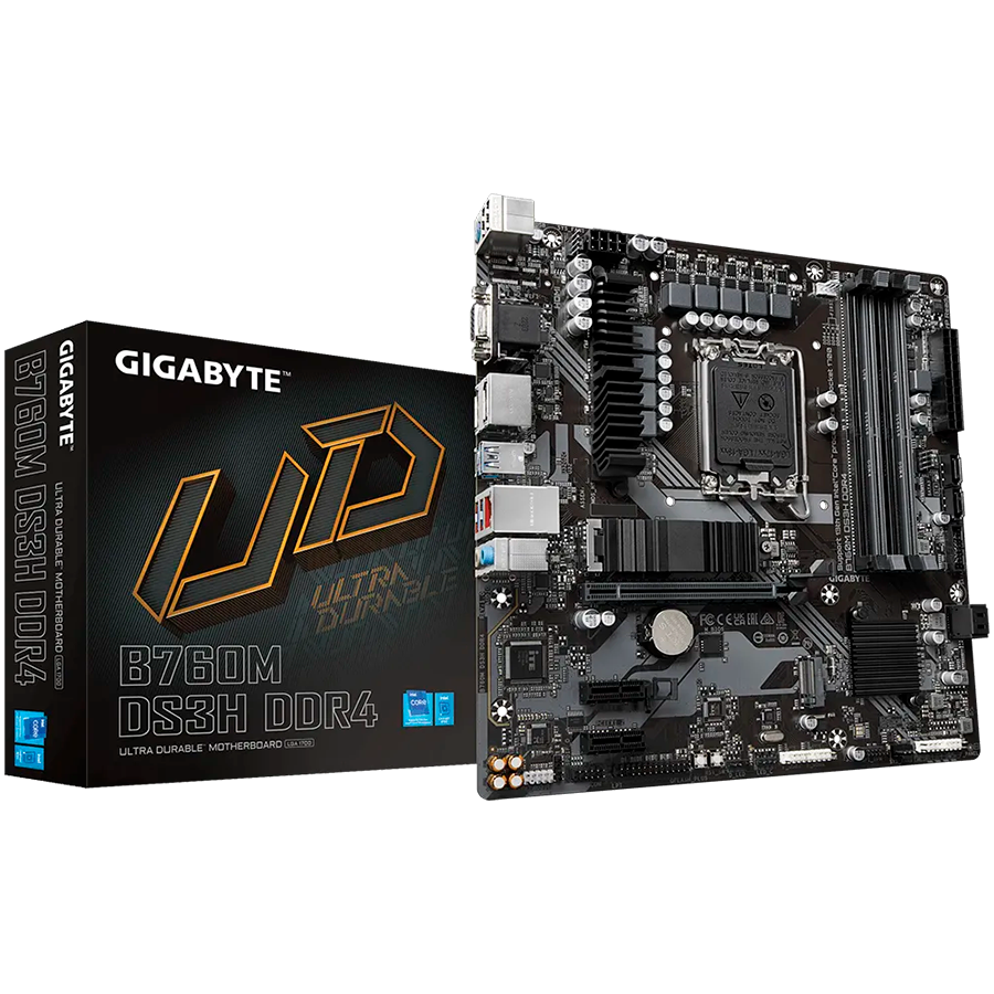 GIGABYTE Mainboard Desktop B760M DS3H DDR4 (LGA1700, 4x DDR4, 1xD-Sub, 1xHDMI, 2xDP, 2.5GLAN, 1x PCI Express x16 4.0, 2x PCI Express x1 3.0, 2xM.2, 4xSATA3, 1x USB Type-C, 5x USB 3.2 Gen1, 6x USB 2.0/1.1) mATX