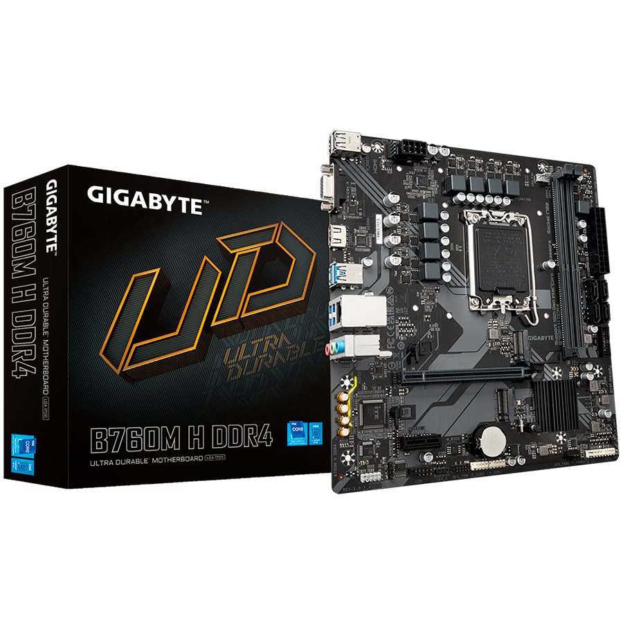 GIGABYTE Mainboard Desktop B760M H DDR4 (LGA1700, 2xDDR4, 1xDSub, 1xHDMI, GLAN, 1x PCI Express x16 PCIe 4.0, 1x PCI Express x1 PCIe 3.0, 2xM.2, 4 x SATAIII, 6x USB3.2 Gen1, 6x USB2.0/1.1) mATX